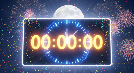 Digital clock displaying midnight zero zero zero zero zero zero with a large full moon and colorful fireworks exploding in the dark night sky