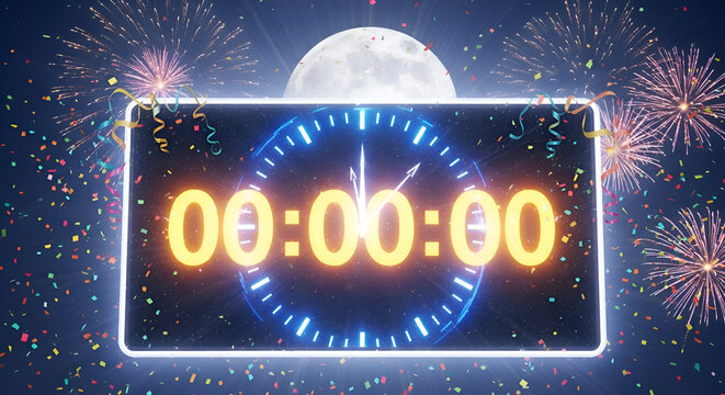 Digital clock displaying midnight zero zero zero zero zero zero with a large full moon and colorful fireworks exploding in the dark night sky