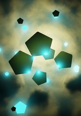Glowing pentagons floating in a swirling abstract cloudy cosmos scene