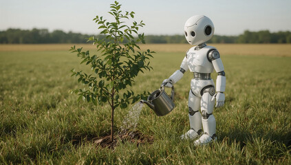 Friendly Robot Watering a Tree in Open Field