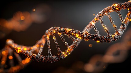 Futuristic digital representation of a glowing orange DNA double helix strand.