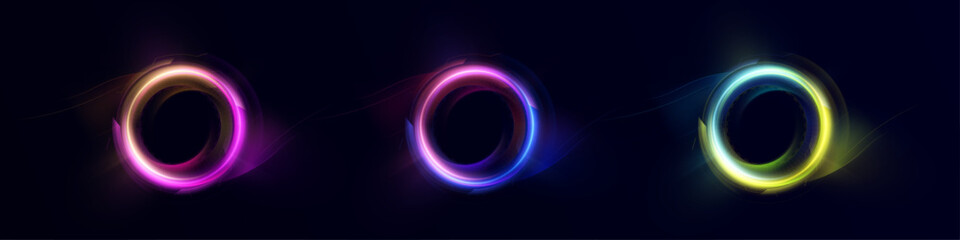 Circular light rings with circular glow on a dark background, creating luminous portals to highlight user interface elements, game design and overlays.