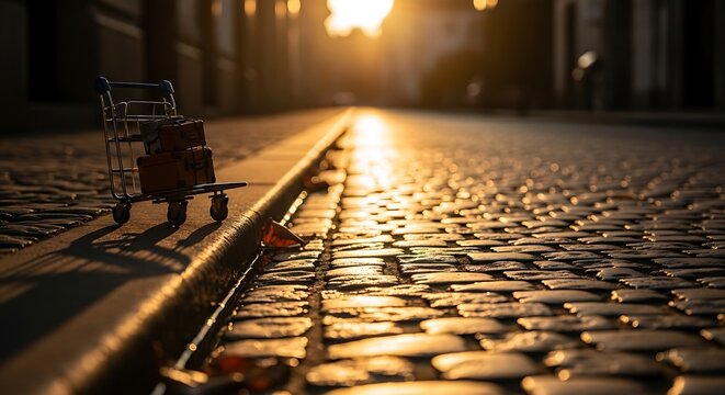 Miniature suitcases and a cart stand on a cobblestone street at sunset - Powered by Adobe