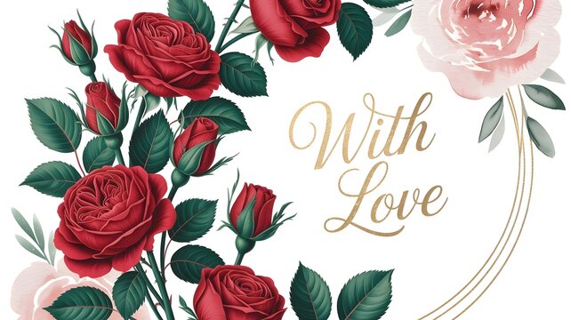 Watercolor wreath of deep red and soft pink roses with with love text
