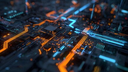 Futuristic glowing circuit board with flowing data streams and neon lights.