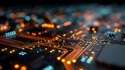 Futuristic glowing circuit board with intricate data pathways and bokeh lights.