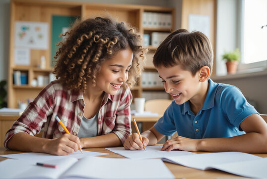 Collaborative Learning Scene – Elementary Students Working Together on School Assignment for Youth Education, Classroom Teamwork, and International Youth Day Activities