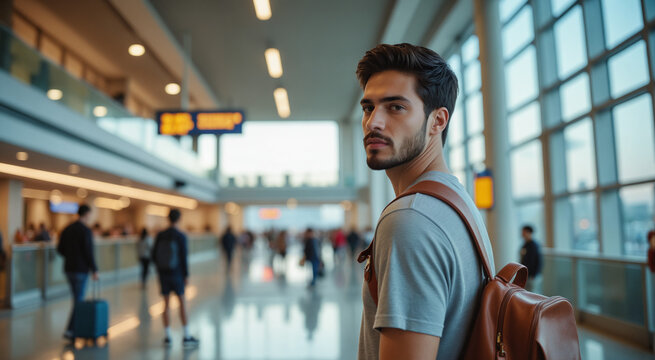 Young Male Traveler in Airport Terminal &ndash; Confident Man Looking Back in Modern Transportation Hub for Travel Blogs, Tourism Advertising, and Lifestyle Content