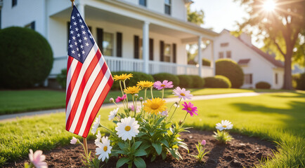 American Flag in Front Yard Garden with Colorful Flowers for Patriotic Home Decor, Real Estate Marketing, and Neighborhood Community Imagery