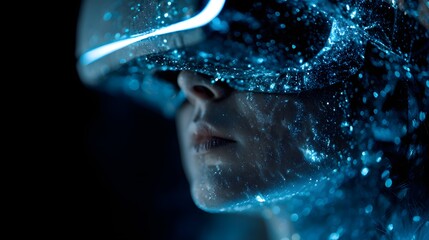 Futuristic human wearing virtual reality headset with glowing blue digital particles.