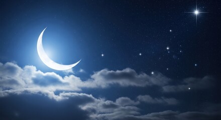 A crescent moon and stars against a dark sky with clouds.
