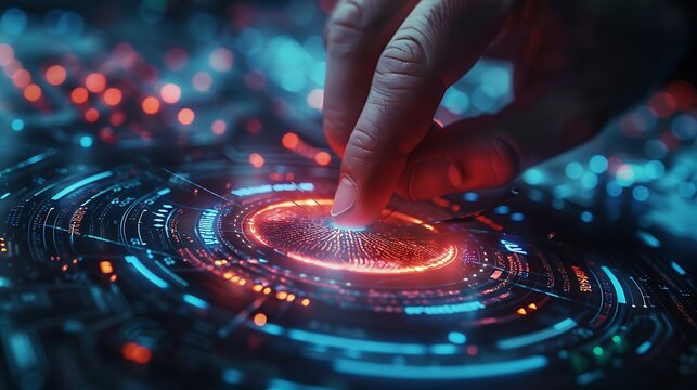 Human finger interacting with futuristic digital interface and glowing circuitry