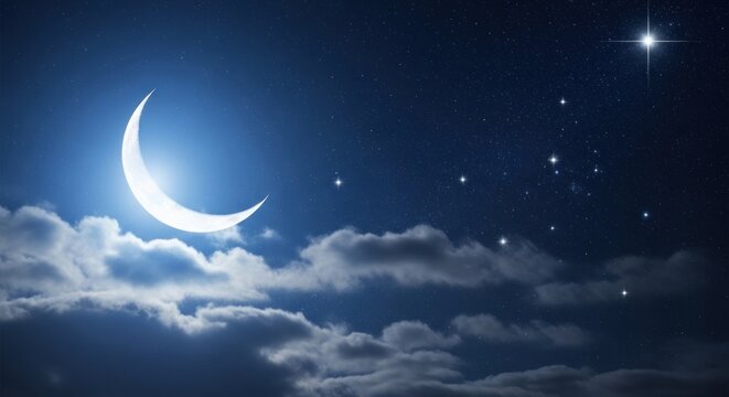 A crescent moon and stars against a dark sky with clouds.