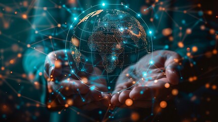 Human hands holding a glowing digital sphere with interconnected nodes