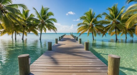 A wooden pier extending into the turquoise ocean with palm trees on either side.
