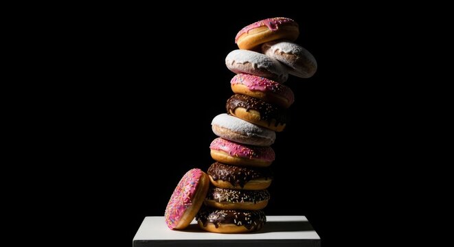 Indulge in a tower of delicious donuts with vibrant toppings perfect for sweet treats or bakery promotions - Powered by Adobe