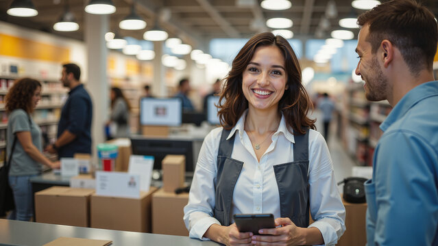 Friendly Retail Associate - Female Cashier Assisting Male Customer at Modern Store Checkout for Customer Service Training and Retail Business Marketing