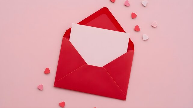 Open red envelope with blank white card inside, scattered with small heart confetti on pink - Powered by Adobe