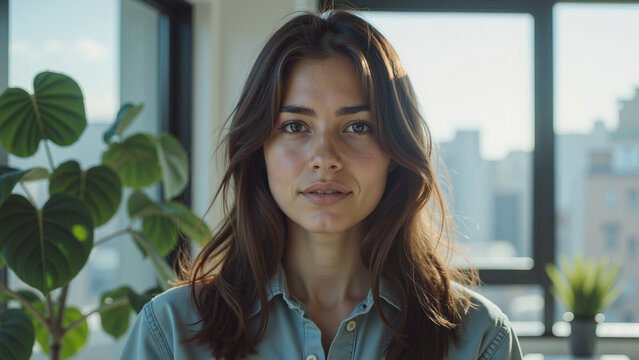 Professional Portrait In Modern Office &ndash; Young Woman With Natural Lighting And Green Plants for Corporate Branding, LinkedIn Profiles, and Business Websites