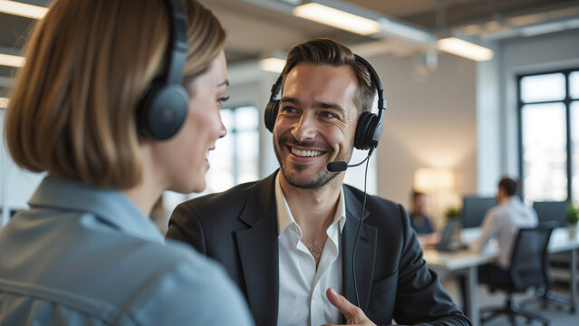 Professional Customer Service Representative - Smiling Male Call Center Agent With Headset Talking To Female Colleague for Corporate Training, Business Communication, and Customer Support Illustration