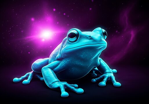Mystical amphibian gaze, digital art of a frog in nebula background - Powered by Adobe