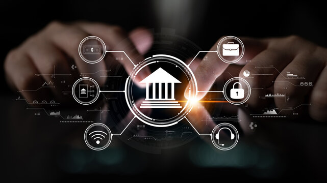 A concept of digital banking and online financial technology (FinTech) services. A central platform for secure transactions, support, and business finance. Motif