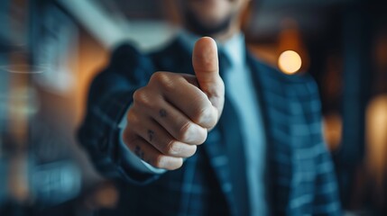 Businessman giving a thumbs up gesture in a modern office at night