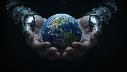 Robot Hands Holding Earth with Green Continents