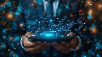 Businessman holding a digital network hologram emerging from a smartphone