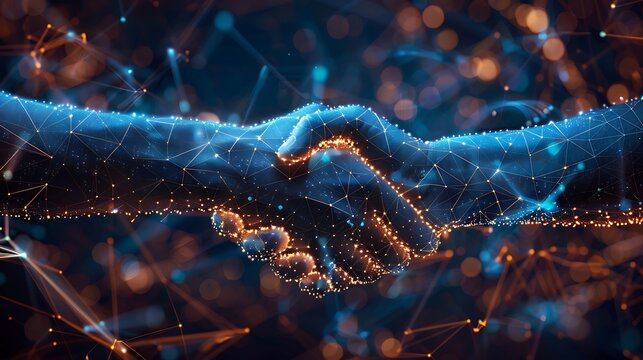Futuristic digital handshake symbolizing technology and global connection