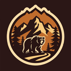 Vintage logo badge big grizzly bear trail mountain pine tree forest editable vector illustration for tshirt retro design