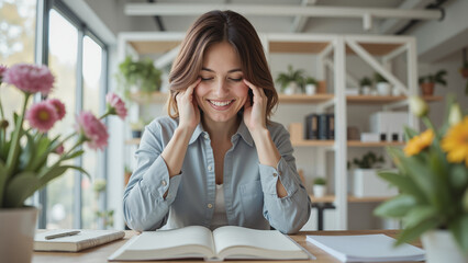 Fototapeta premium Woman Working At Office Desk - Smiling Professional With Open Book Surrounded By Flowers for Business Productivity, Education, and Workplace Wellness Concepts