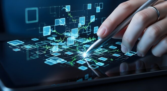 Analyze market data with digital pen for financial success, invest smart and grow your portfolio with futuristic technology and stock insights today - Powered by Adobe