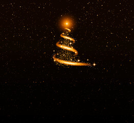 Sparkling Golden Christmas tree with snow, stars, and a snowstorm against a starry sky