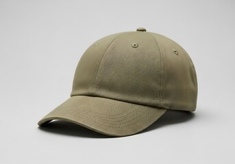 Minimalist khaki baseball cap isolated on clean backdrop studio shot