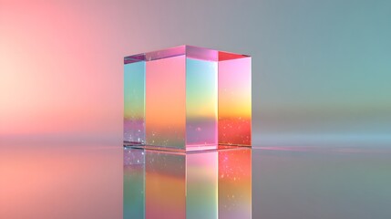 Glass cube prism reflecting a vibrant pastel spectrum of light on a reflective surface.