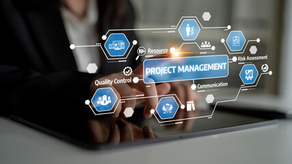 A business professional interacts with a tablet displaying visuals related to project management, showcasing icons representing key elements of teamwork and organization. Tessel