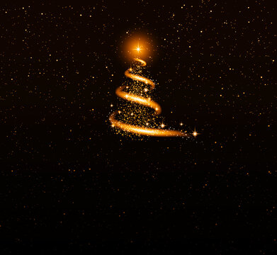 Sparkling Golden Christmas tree with snow, stars, and a snowstorm against a starry sky