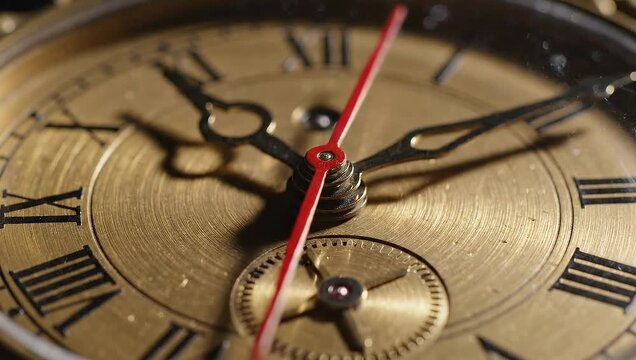 Close up of antique gold clock face with roman numerals