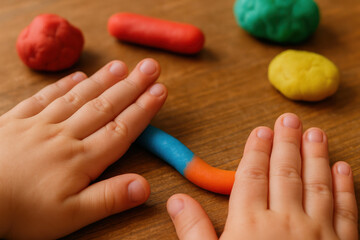 Hands-on Creativity: A child's hands shape and mold a colorful length of clay on a warm wooden surface, engaging in an artistic activity