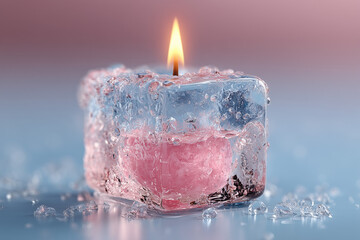 pink candle, ice crystals, blue surface, soft lighting, cool tones, serene atmosphere,