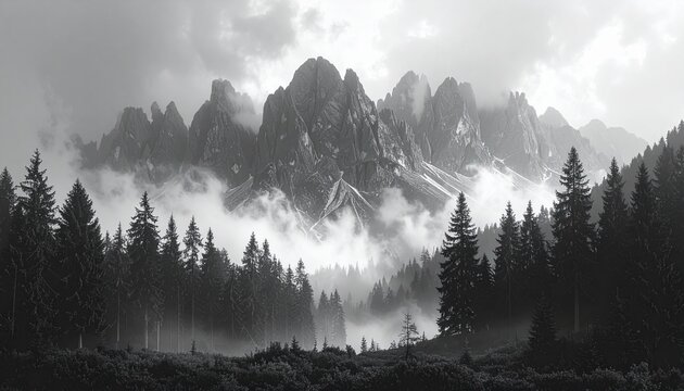 A misty, black forest at the foot of towering, jagged mountain peaks. Monochromatic