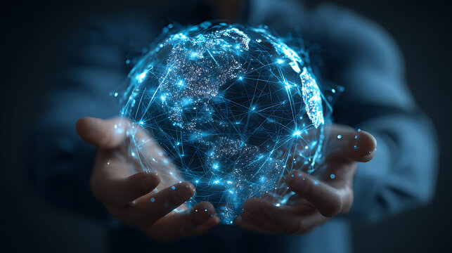Person holding glowing digital earth network connection globe