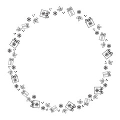 Christmas round doodle gift frame, black outline
