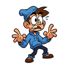 Fototapeta premium A cartoon illustration of a young man looking scared and surprised, wearing a blue beanie and hoodie.