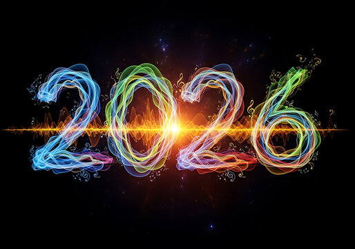 Colorful, abstract image of the year 2026 with light effects and smoke trails on a black background.