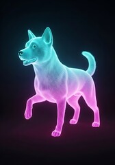 Neon canine friend in cyan and magenta on a black backdrop illustration