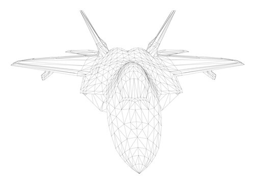Polygonal fighter jet in combat mode, featuring a detailed wireframe design composed of geometric shapes and clean lines on a white background.