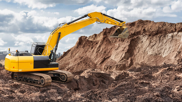 Excavator is digging into a large mound of earth at a construction site under a cloudy sky. The machine is actively moving soil for site preparation - Powered by Adobe