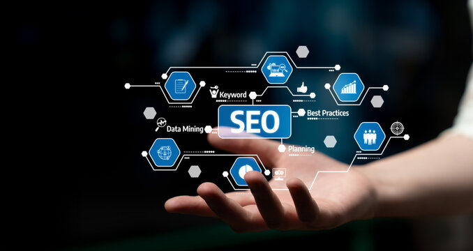 A hand extends towards floating digital icons symbolizing SEO strategies, including data mining and best practices, showcasing modern digital marketing solutions. Tessel